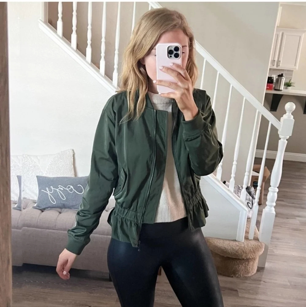 Kate Spade Twill Flounce Bomber Olive Green Jacket